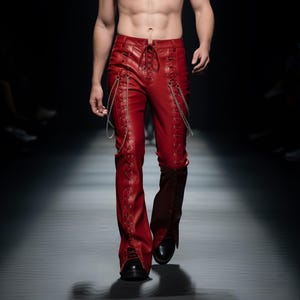 Men's Red Genuine Leather Lace-Up Pants with Chain Detail – Gothic Rockstar Slim Fit Trousers