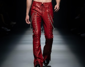 Rote Echtleder-Schnürhose für Herren mit Ketten-Detail - Gothic Rockstar Slim Fit Hose