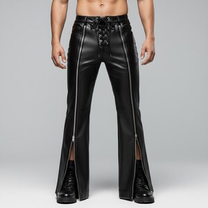 Men's Black Leather Flared Pants | Gothic Bell Bottom Trousers with Zippers