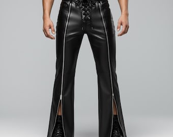Herren schwarze Leder Schlaghose | Gothic Schlaghose mit Reißverschlüssen