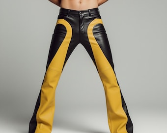 Herren Schwarz Gelb Leder Racing Hose - Retro Biker Hose - Custom Fit