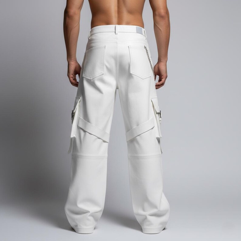 May include: White cargo pants with multiple pockets and straps. The pants have a wide leg design and a silver chain detail. The stitching is visible, and the pants appear to be made of a smooth material.