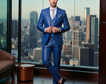 Handmade Blue Leather 3-Piece Suit: Slim Fit Wedding Outfit