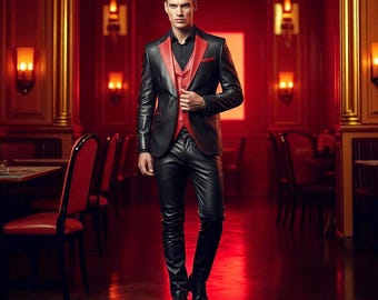 Handmade Black Leather Suit: Slim Fit Blazer Vest Pants, Red Trim