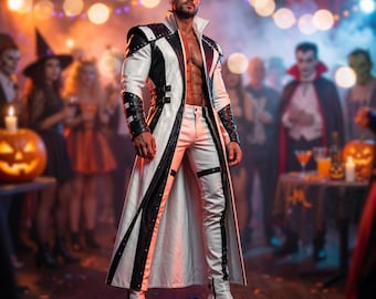 Men's White Black Leather Gothic Coat & Pants Set, Vampire Cosplay Outfit