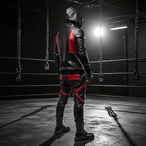May include: A black leather jacket with red accents and matching pants. The outfit includes a hooded jacket, gloves, and pants with red straps. The person is standing in a dimly lit room with chains hanging from the ceiling.