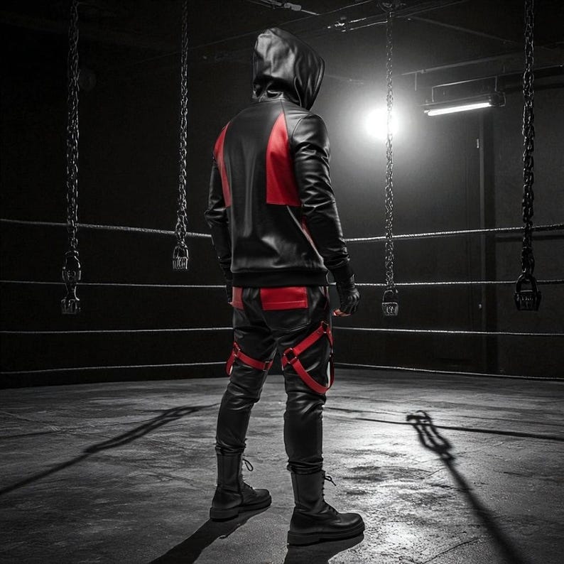 May include: A black leather jacket with red accents and matching pants. The outfit includes a hooded jacket, gloves, and pants with red straps. The person is standing in a dimly lit room with chains hanging from the ceiling.