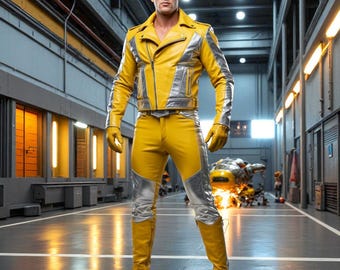 Men's Yellow & Silver Leather Suit: Handmade Superhero Cosplay Costume