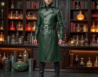 Handmade Green Leather Trench Coat: Gothic Medieval Cosplay Costume