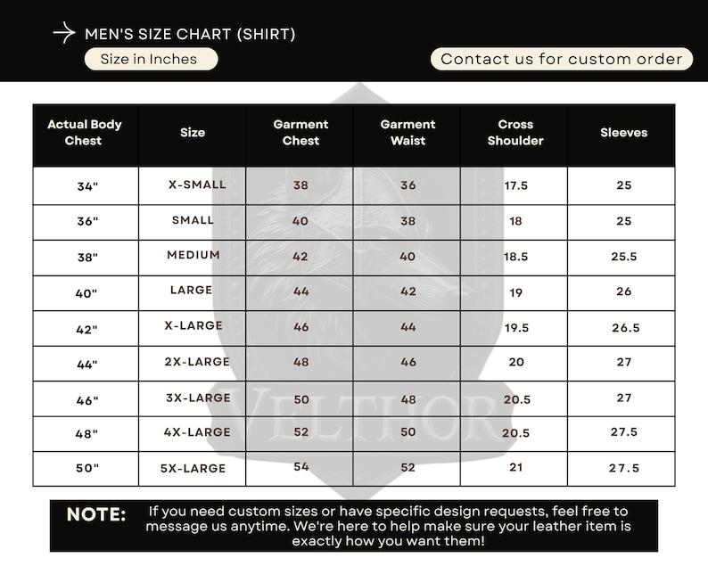 May include: A black and white size chart for shirts, labeled "MEN'S SIZE CHART (SHIRT)" with measurements in inches. Includes chest, waist, and sleeve measurements for sizes X-Small to 5X-Large. Text: "Contact us for custom order."