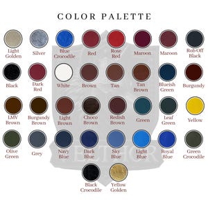 May include: A color palette chart featuring a variety of colors, including shades of blue, red, brown, and green. The text "COLOR PALETTE" is at the top. Each color is displayed in a circular swatch with its name below.