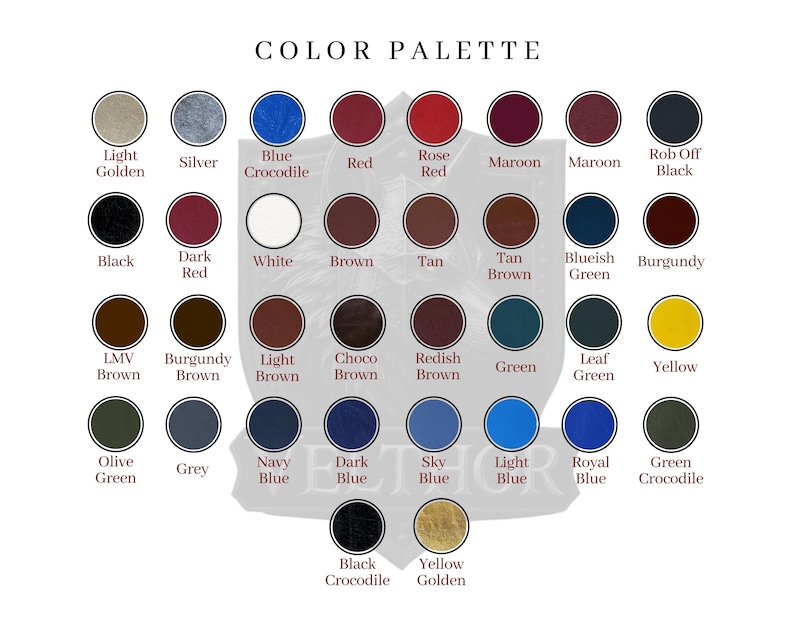 May include: A color palette chart featuring a variety of colors, including shades of blue, red, brown, and green. The text "COLOR PALETTE" is at the top. Each color is displayed in a circular swatch with its name below.
