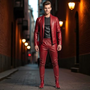 Handmade Red Leather Biker Outfit: Slim Fit Jacket & Pants