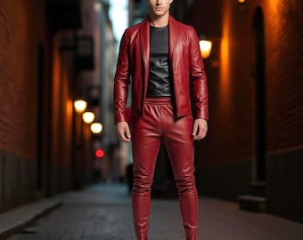 Handmade Red Leather Biker Outfit: Slim Fit Jacket & Pants