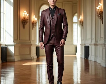 Handmade Burgundy Leather Suit: Slim Fit Wedding Prom Outfit