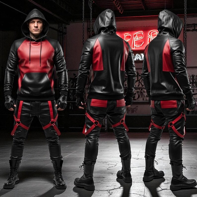 May include: A black and red leather hoodie and pants set. The hoodie has a red upper section and a black lower section with a hood. The pants have red straps and accents. The outfit is worn with black gloves and boots.