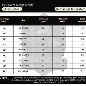 May include: A size chart for men's vests, with measurements in inches. The chart includes sizes from X-Small to 5X-Large, detailing actual body chest, garment chest, waist, and cross shoulder measurements. Text at the top reads "MEN'S SIZE CHART (VEST)".