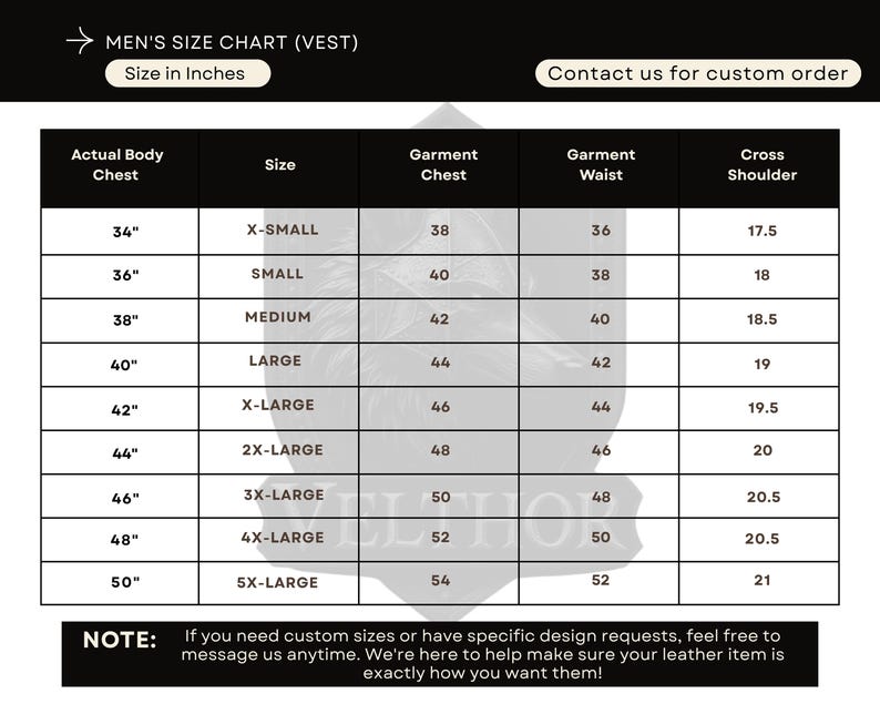 May include: A size chart for men's vests, with measurements in inches. The chart includes sizes from X-Small to 5X-Large, detailing actual body chest, garment chest, waist, and cross shoulder measurements. Text at the top reads "MEN'S SIZE CHART (VEST)".