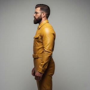 May include: Mustard yellow leather jumpsuit with a collared neckline, two chest pockets, and a belt at the waist. The long-sleeved jumpsuit has buttoned cuffs and a tailored fit. The model is wearing glasses and has a beard.