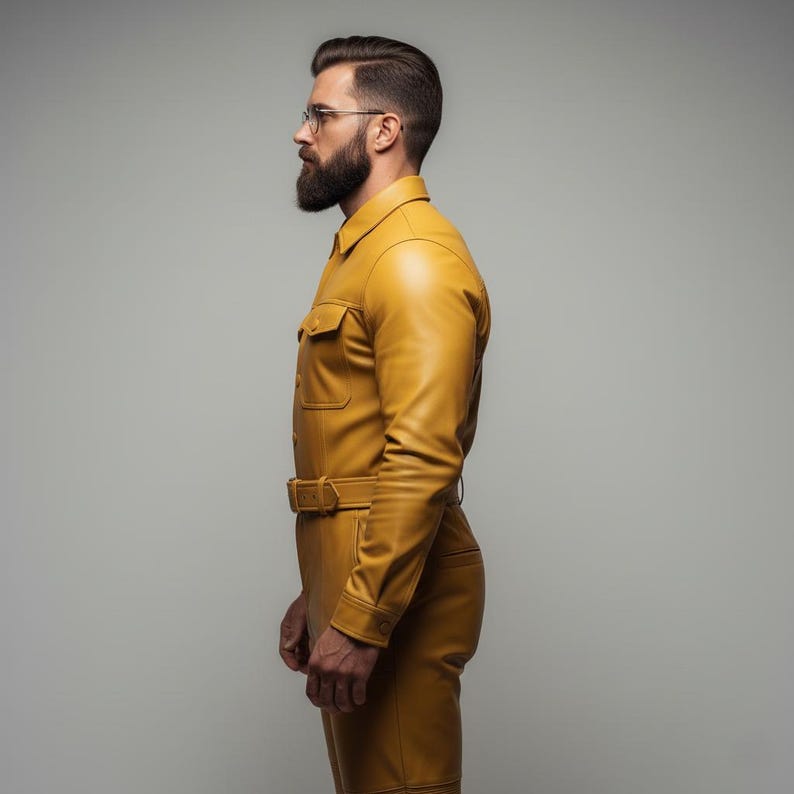 May include: Mustard yellow leather jumpsuit with a collared neckline, two chest pockets, and a belt at the waist. The long-sleeved jumpsuit has buttoned cuffs and a tailored fit. The model is wearing glasses and has a beard.