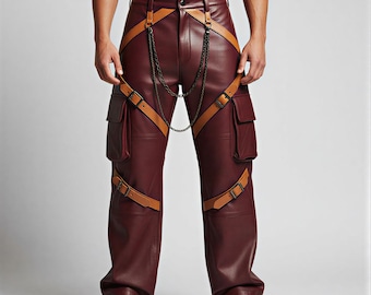 Handmade Burgundy Leather Cargo Pants – Gothic Strapped Trousers with Chains