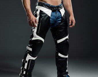 Custom Fit Leder Motorrad Chaps | Black & White Biker Reitbekleidung