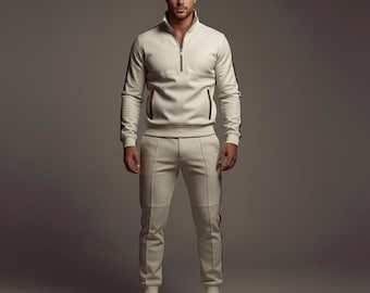 Herren weißes Leder Trainingsanzug Set | Lederjacke und Hose mit Reißverschluss | Designer Streetwear Outfit | Luxus Lounge Wear