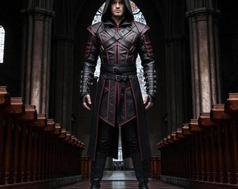 Handmade Leather Assassin Coat: Hooded Gothic Cosplay Trench Coat