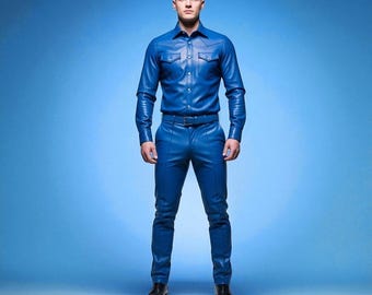Set handgemaakt blauw leren shirt en broek: slimfit festivaloutfit