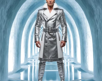 Handmade Silver Leather Trench Coat Outfit: Futuristic Cosplay Costume