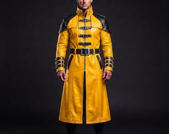 Men's Yellow Black Leather Long Coat, Gothic Punk Biker Trench (Genuine Leather)