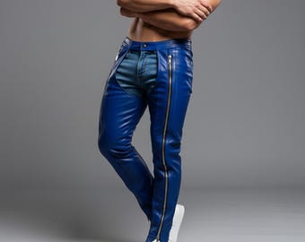 Herren Blau Leder Bikerhose | Schmal geschnittene Gothic Streetwear Hose