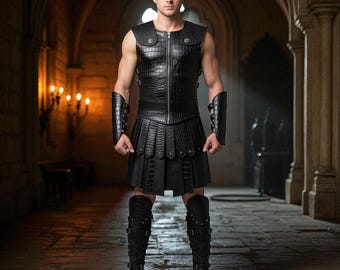Men’s Black Crocodile Leather Gladiator Costume | Handmade Roman Warrior Cosplay Armor | Custom Festival Outfit