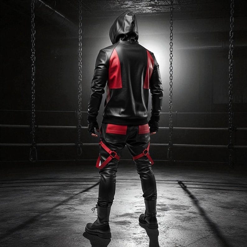 May include: Black leather hooded jacket and pants set with red accents. The jacket has red panels on the shoulders and the pants feature red straps and pockets. The outfit includes black gloves and boots, creating a bold, edgy look.