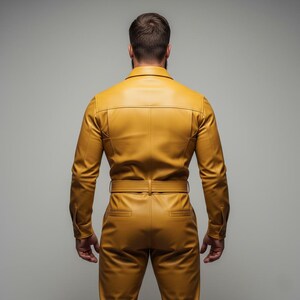 May include: Mustard yellow jumpsuit with a collared neckline, long sleeves, and a belted waist. The one-piece garment features a tailored fit and visible pockets. The model is viewed from the back, showcasing the jumpsuit's design and construction.