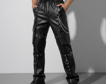 Herren Schwarz Gothic Leder Cargohose - Schnallenriemen Kette Slim Fit Hose