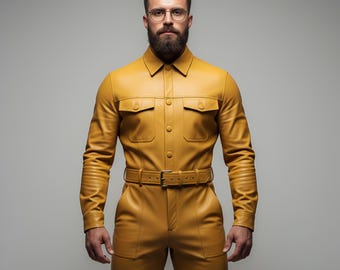 Men's Mustard Leather Jumpsuit | Handmade Utility One Piece Suit