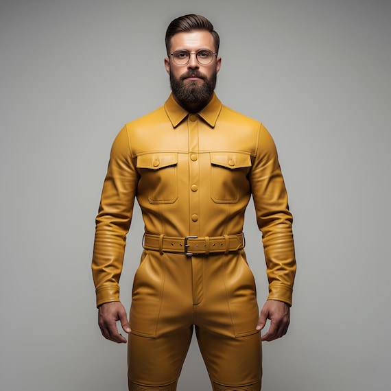 Men's Mustard Leather Jumpsuit | Handmade Utility One Piece Suit