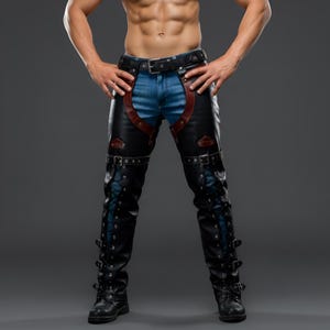 May include: Black leather chaps with brown accents and silver buckles. The chaps are paired with blue jeans and a black belt. The chaps have a lace-up design on the sides and are worn with black boots. The overall style is edgy and bold.