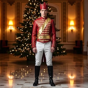 Puede incluir: Una persona con una chaqueta roja de estilo militar con detalles dorados, pantalones blancos, botas negras y una corona roja. De pie frente a un árbol de Navidad iluminado.