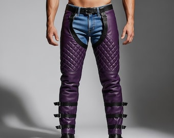 Herren Lila Gesteppte Leder Bikerhose mit Riemen, Gothic Streetwear Hose