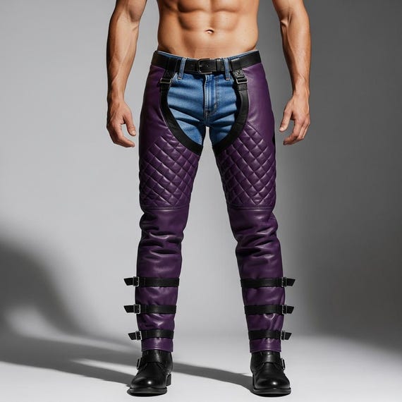 Men's Purple Quilted Leather Biker Pants with Straps, Gothic Streetwear Trousers