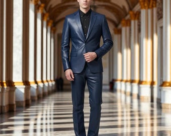 Traje de cuero azul marino hecho a mano: Boda gótica, blazer y pantalones para cosplay.
