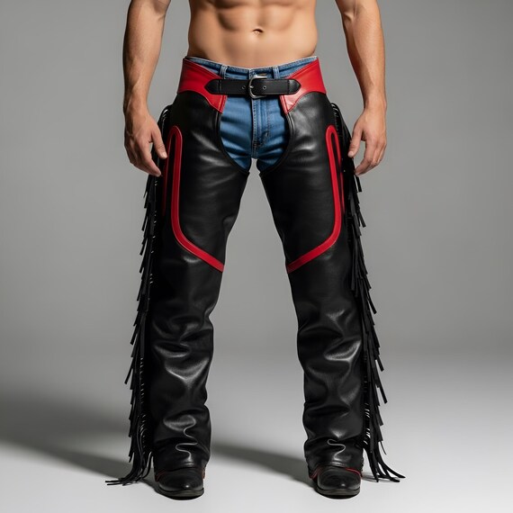Men’s Fringe Leather Chaps | Black Red Biker Chaps | Western Motorcycle Chaps | Custom Fit Riding Gear