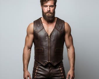 Men's Brown Leather Studded Biker Vest, Gothic Sleeveless Jacket