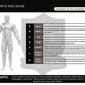 May include: A size guide for men's clothing, featuring a diagram of a male figure with measurement points labeled A through G. Instructions are provided for chest, waist, hip, thigh, inseam, sleeve length, and back length measurements. Text reads "Contact us for custom order."