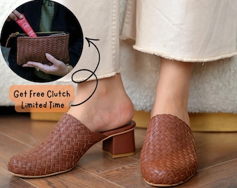 Handcrafted Woven Leather Heels, Genuine Leather Slip On Pumps, Round Toe Mid Heel Sandals