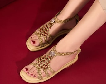 Sandalias bohemias trenzadas con tira en el tobillo - Sandalias planas cómodas de verano para mujer