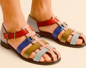 Sandalias de pescador de cuero hechas a mano para hombre: zapatos de verano de estilo griego con hebilla dorada.