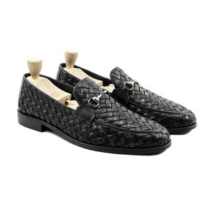 Handwoven Braided Leather Loafers: Men&#39;s Black Calfskin Moccasins